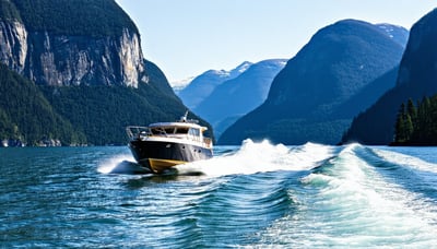 Jetboat cruising through scenic Howe Sound surrounded by mountains Jetboat cruising through scenic Howe Sound surrounded by mountains