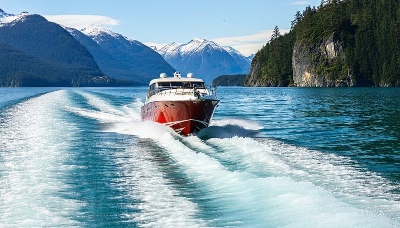 Jetboat cruising through the scenic waters of Howe Sound, surrounded by mountains. Jetboat cruising through the scenic waters of Howe Sound, surrounded by mountains.