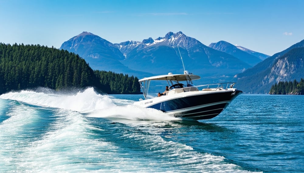 Jetboat navigating scenic waters with mountains in the background Jetboat navigating scenic waters with mountains in the background